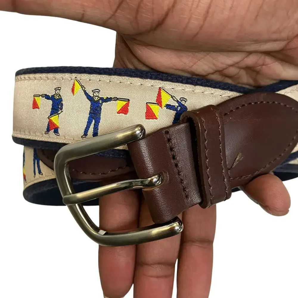 The Belted Cow Co Made in Main Brass Belt Buckle Sailor Flag Print Belt